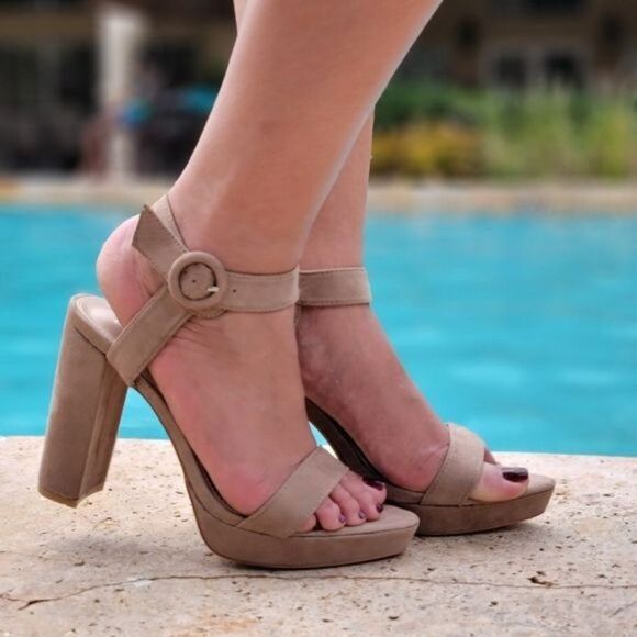 Taupe High Chunky Heel Platform Ankle Strap Pump - Picture 3 of 5